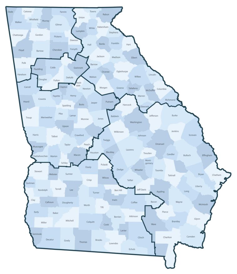 County and regional map of Georgia